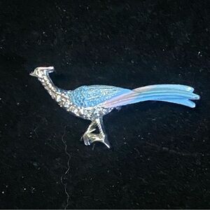 Silver Tone Pink and Blue Peacock Bird Brooch